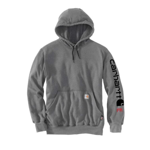 Men's Carhartt Flame Resistant Force Loose Fit Midweight Logo Sleeve Graphic Hoodie 2XLarge Granite Heather