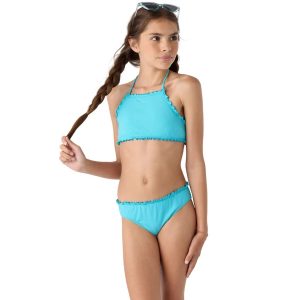 Girls' O'Neill Dawnbreak Rib Hi-Neck Ruffle Swim Bikini Set 12 Aquamarine