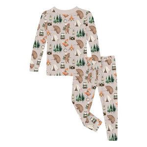 Kickee Pants Print Long Sleeve Pajama Set Toddler 4T Latte Camping Animals