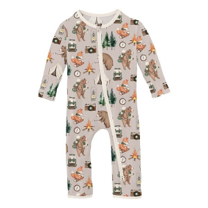 Kickee Pants Coverall 2 Way Zipper Romper Baby 18/24 mo. Latte Camping Animals