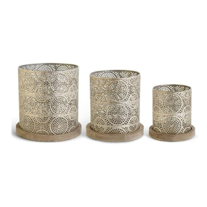 K&K Interiors Champagne Punched Metal Nesting Baskets w/Wood Base