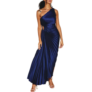 Women's DRESS FORUM Asymmetrical Pleat One Shoulder Midi Shift Dress Small Navy