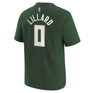Kids' Milwaukee Bucks Damian Lillard #0 Icon Name & Number Nike T-Shirt Small Fir