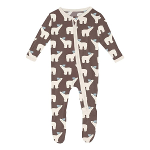 Kickee Pants Zipper Print Footie Pajamas Baby 6/9 mo. Coffee Polar Bears