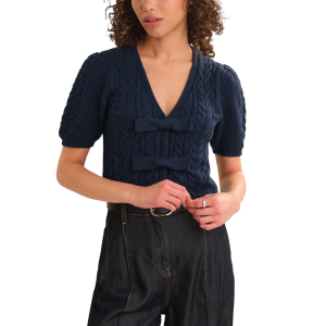 525 America Women's 525 America Alexandra All Over Cable Puff Sleeve Bow V-Neck Pullover Sweater - $96.99 at SCHEELS