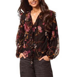 Women's Tribal Floral Embroidered With Frills Long Sleeve V-Neck Blouse
