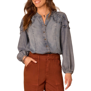 Women's Democracy Pleated Lyocell Long Sleeve Scoop Neck Button Up Shirt