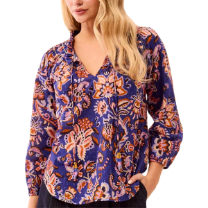 Women's Tribal Floral Tassel Tie Long Sleeve Mock Neck Blouse