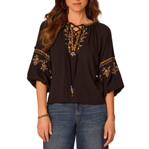 Women's Democracy Lace Up Woven 3/4 Sleeve V-Neck Blouse