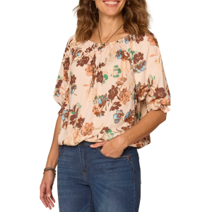 Women's Democracy Bubble Hem Printed Woven 3/4 Sleeve Scoop Neck Blouse