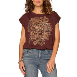 Women's Democracy Extended Origami Screen Print Knit Cap Sleeve Scoop Neck Blouse