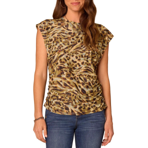Women's Democracy Extended Ruched Side Print Knit Cap Sleeve Scoop Neck Blouse