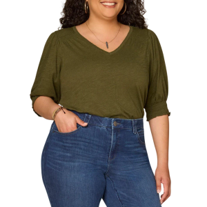 Women's Democracy Scallop Smocked Knit 3/4 Sleeve V-Neck Blouse