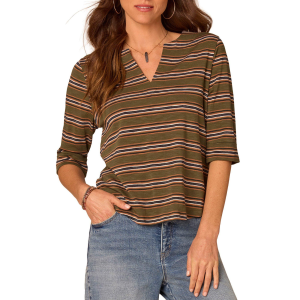 Women's Democracy Elbow Roll Cuff Sleeve Knit 3/4 Sleeve V-Neck Blouse