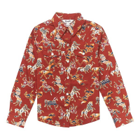 Girls' Wrangler Horse Print Long Sleeve Button Up Shirt Medium Red/Multi