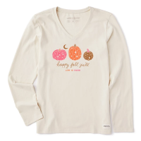 Women's Life is Good Woodcut Celestial Pumpkins Long Sleeve T-Shirt Medium Putty White