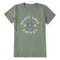 Women's Life is Good Groovy Peace Love Coffee Crusher T-Shirt Small Moss Green