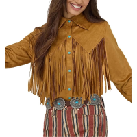 Women's Wrangler X Lainey Wilson Fringe Snap Long Sleeve Button Up Shirt Large Bone Brown