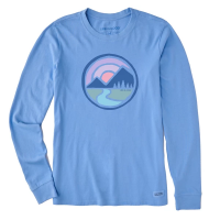 Women's Life is Good Sunset Mountain Circle Crusher Long Sleeve T-Shirt Small Blue