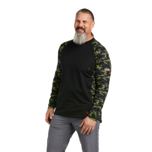 Ariat Ariat Flame-Resistant Stretch Camo Baseball Long Sleeve T-Shirt in Black/Lime Camo | Size 2XL - $71.97 at Murdoch's Ranch & Home Supply
