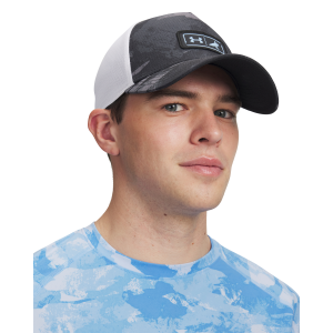 Under Armour UA BTH X Fish Mid Trucker Hat in Black/White/Horizon Blue