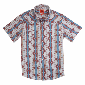 Sendero Provisions Co. The Wyatt Pearl Snap Aztec Short Sleeve Print Shirt in Cienega Stripe/Clay | Size Small
