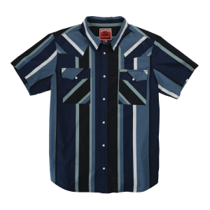 Sendero Provisions Co. Chunky Stripe Pearl Snap Short Sleeve Shirt in Navy Stripe | Mens | Size Medium
