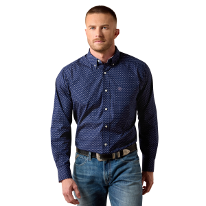 Ariat Wrinkle Free Wes Classic Fit Shirt in Maritime Blue Geo Print | Mens | Size Small