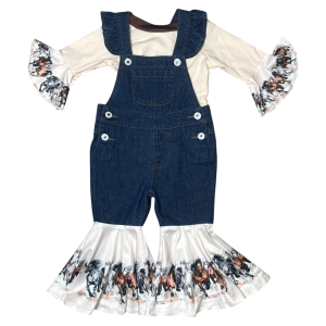 Shea Baby Clothing Shea Baby Clothing Running Horse Denim Overalls in Denim/Blue & Peach | Size 6-12 Mon - $32.00 at Murdoch's Ranch & Home Supply