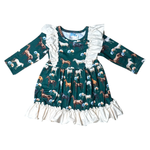 Shea Baby Clothing Shea Baby Clothing Green Floral Horse Long Sleeve Ruffle Dress in Ivory/Green | Size 3T - $28.00 at Murdoch's Ranch & Home Supply