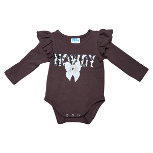 Shea Baby Clothing Shea Baby Clothing Leopard Howdy Long Sleeve Onesie in Chocolate Brown/Ivory | Size 3-6 Mon - $26.00 at Murdoch's Ranch & Home Supply