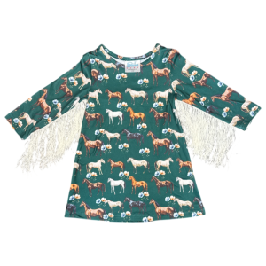 Shea Baby Clothing Shea Baby Clothing Green Floral Horse Long Sleeve Fringe Dress in Ivory/Green | Size 4T - $26.00 at Murdoch's Ranch & Home Supply
