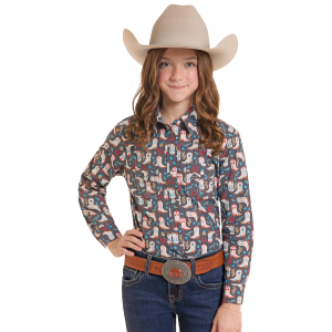 Panhandle Cowboy Boots Print Long Sleeve Snap Shirt in Dark Grey | Size XS