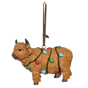 De Leon Product Highland Cow with Holiday Lights Christmas Ornament