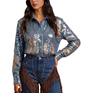Bona Bona Midnight Rodeo Sequin Cowboy Boots Western Shirt in Medium Blue | Womens | Size Small - $69.99 at Murdoch's Ranch & Home Supply