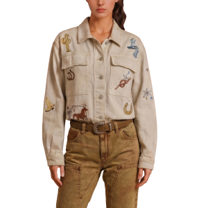 Bona Cheyenne Western Embroidered Denim Crop Jacket in Sand | Womens | Size Small