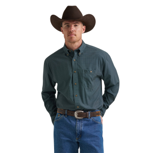 Wrangler George Strait Performance 1 Pocket Geo Print Long Sleeve Shirt in Green | Mens | Size 3XL
