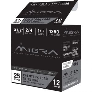 Migra Staxd Roundgun Ammo 12 ga. 3.5 in. 1.58 oz. 2-4 Round 25 rd. - Migra Ammunition