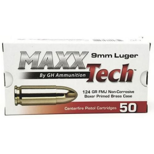 ammo MaxxTech 9mm Luger 124gr Full Metal Jacket 50rd Box Ammo