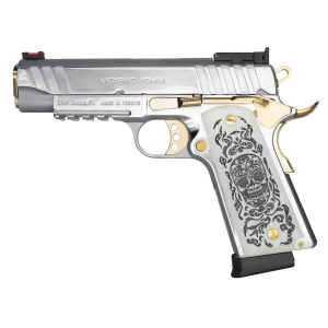GIRSAN Mc1911s Liberador, Semi-auto, 1911, Metal Frame Pistol , Full Size, 38 Super, 5 In Barrel, Polished Stainless Finish, Silver, Gold Accents, Engraved White Ivory Grips, Extended Beavertail, Acce