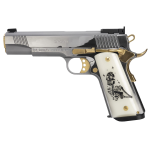Girsan MC1911 LIBERADOR III, Semi-auto, 1911, Metal Frame Pistol Full Size, 45 ACP, 5 in Barrel, Polished Stainless Steel Finish, Silver with Gold Trim, Custom Engraved Pearl Grips, Adjustable Rear Sights, 8 Rounds, 1 Mag 391059