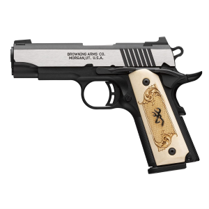 Browning Black Label, 1911, Single Action, Semi-auto, Metal Frame Pistol, Compact Size, 380 ACP, 3.6 in Barrel, Stainless Finish, Silver, Black Frame, Maple Medallion Checkered Grips, 3 Dot Sights, 10 Rounds, 2 Mags 051999492