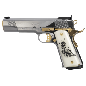 Girsan MC1911 LIBERADOR III, Semi-auto, 1911, Metal Frame Pistol Full Size, 9MM, 5 in Barrel, Polished Stainless Steel Finish, Silver with Gold Trim, Custom Engraved Pearl Grips, Adjustable Rear Sights, 10 Rounds, 1 Mag 391051