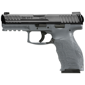 H&K 81000230 VP9 9mm Luger 17+1 4.09 in Black Steel Threaded Barrel & Serrated Slide, Gray Polymer Frame w/Picatinny Rail & Serrated Trigger Guard, Gray Finger Grooved Interchangeable Backstrap Grips, Pistol