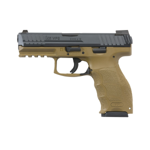 H&K 81000228 VP9 9mm Luger 10+1 4.09 in Black Polygonal, Rifled Barrel, Black Serrated Slide, FDE Polymer Frame w/Picatinny Rail & Serrated Trigger Guard, FDE Finger Grooved Interchangeable Backstrap Grips, Pistol