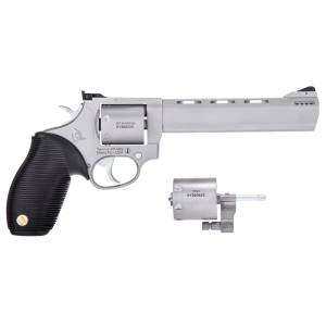 Taurus 2-692069 692 9mm Luger, 38 Special +P or 357 Mag Caliber with 6.50in Vent Rib Barrel, 7rd Capacity Cylinder, Overall Matte Finish Stainless Steel  Black Ribber Grip Includes 2 Cylinders