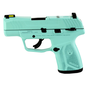 Ruger MAX-9, Striker Fired, Semi-auto, Polymer Frame Pistol, Sub-Compact, 9MM, 3.2 in Barrel, Robins Egg Blue Cerakote, Front TFO Night Sight, Optics Ready, Thumb Safety, 10 Rounds, 2 Mags 03501