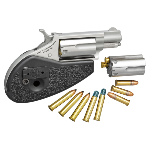 North American Arms 22MSCHG Mini-Revolver 22 LR or 22 WMR 5 Shot 1.13 Barrel, Overall Stainless Steel Finish, Black Synthetic Holster Grip, Includes Cylinders