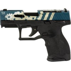 Taurus TX22 Compact, Striker Fired, Semi-auto, Polymer Framed Pistol, 22 LR, 3.6 in Threaded Barrel, Manual Safety, Black Frame, Blue Hard Anodized Slide with Laser Engraved Flag Design, Ramp Front/Adjustable Rear, 10 Rounds, 2 Mags 1-TX2213Y-10US3