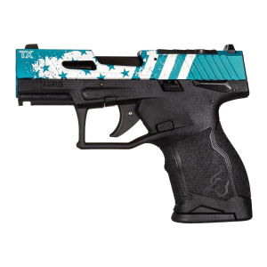 Taurus TX22 Compact, Striker Fired, Semi-auto, Polymer Framed Pistol, 22 LR, 3.6 in Threaded Barrel, Manual Safety, Black Frame, Blue Hard Anodized Slide with Laser Engraved Flag Design, Ramp Front/Adjustable Rear, 13 Rounds, 2 Mags 1-TX2213Y-US3